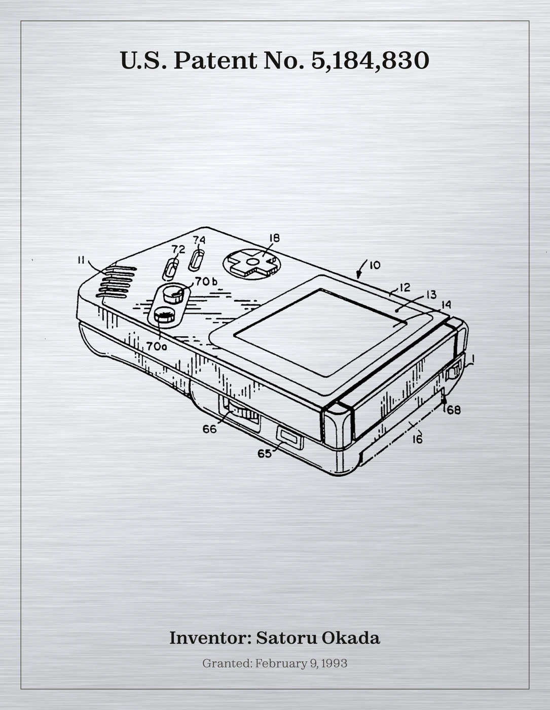 Design print of U.S. Patent No. 5,184,830 — the Game Boy, Satoru Okada, Nintendo.
