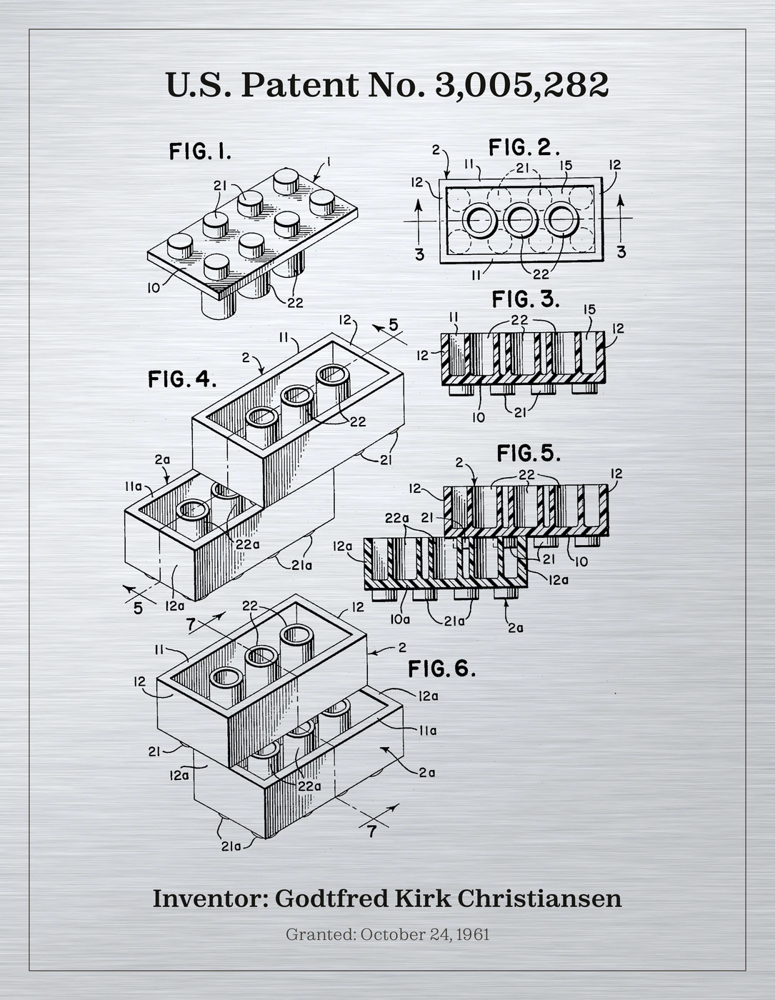 Design print of U.S. Patent No. 3,005,282 — the LEGO brick, Godtfred Kirk Christiansen.
