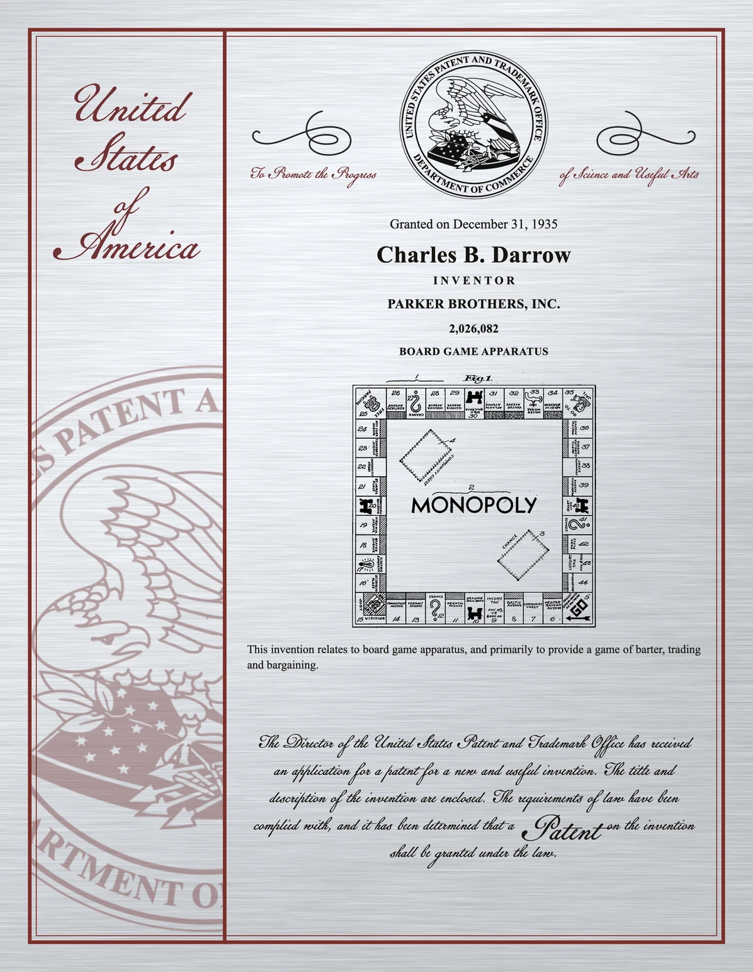 Commemorative print of U.S. Patent No. 2,026,082 — the Monopoly board, Charles B. Darrow.