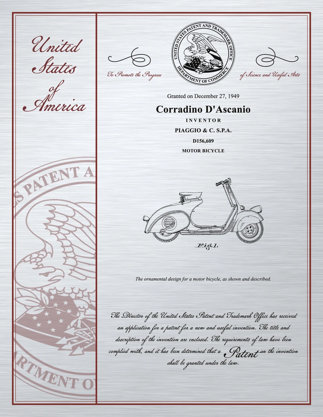 Commemorative print of U.S. Patent No. D156,609 — the Vespa scooter, Corradino D'Ascanio.